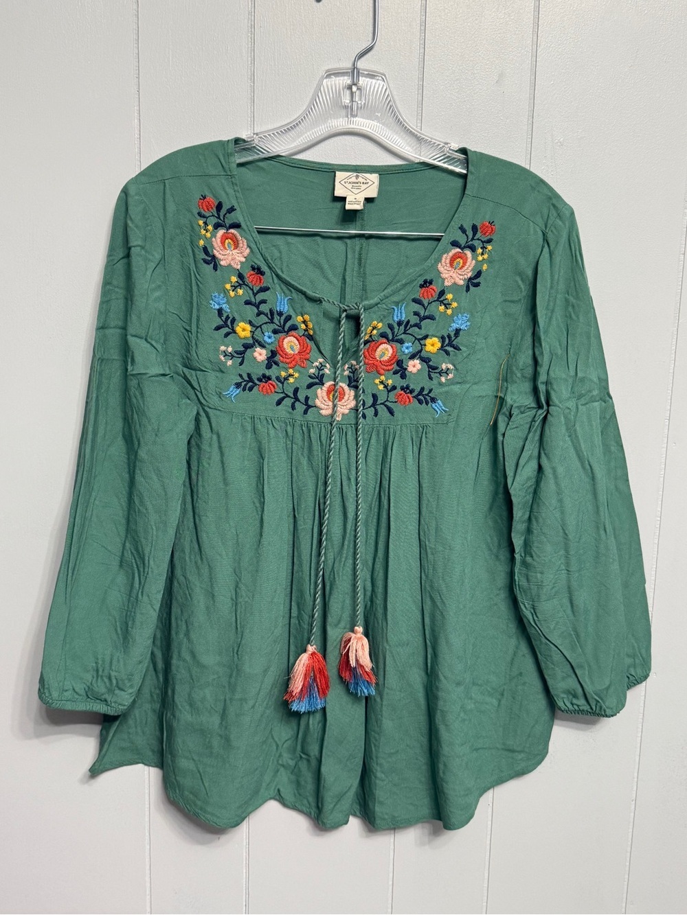 #19)  St. John's Bay Green Embroidered Peasant Tunic with Tassels